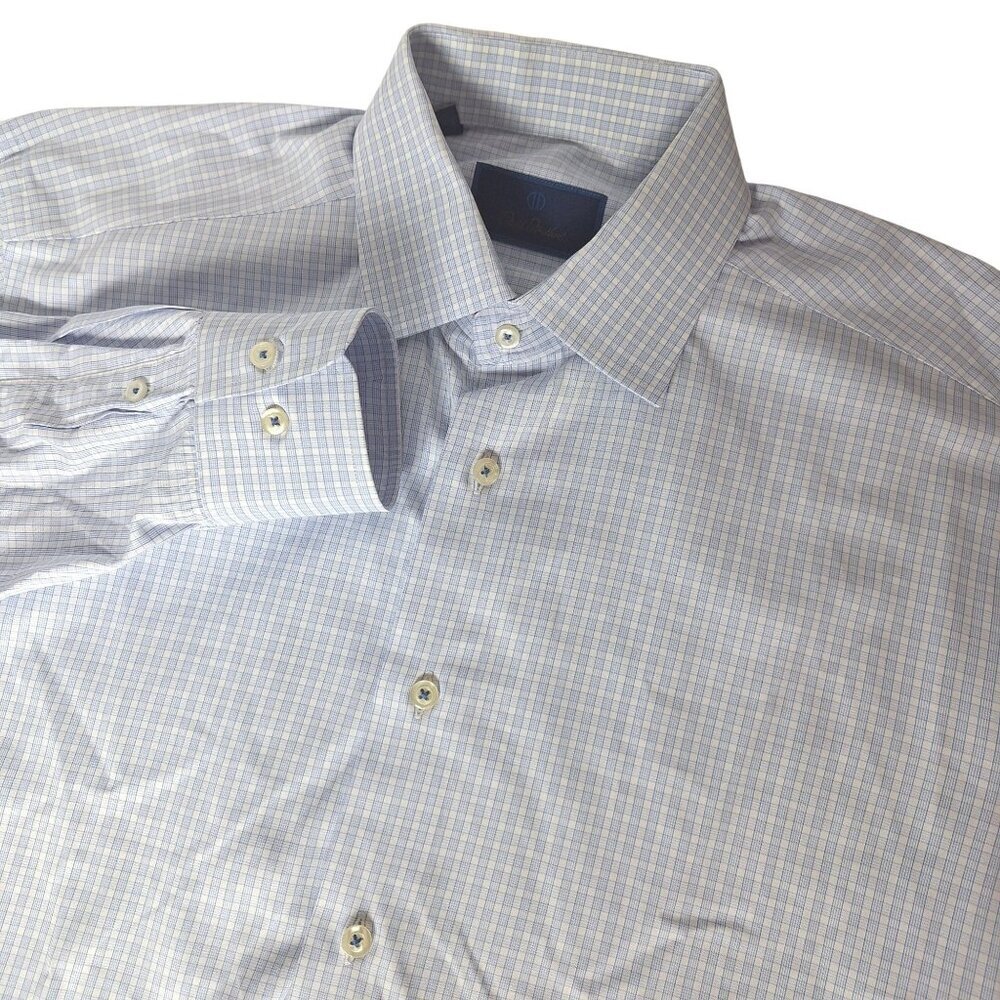 David Donahue Dress Shirt 16 34/35 Blue White Micro Check Cotton